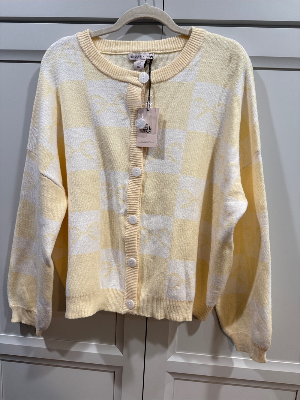 NWT Sincerely Jules Yellow & Cream Checkered Knit Cardigan Sweater